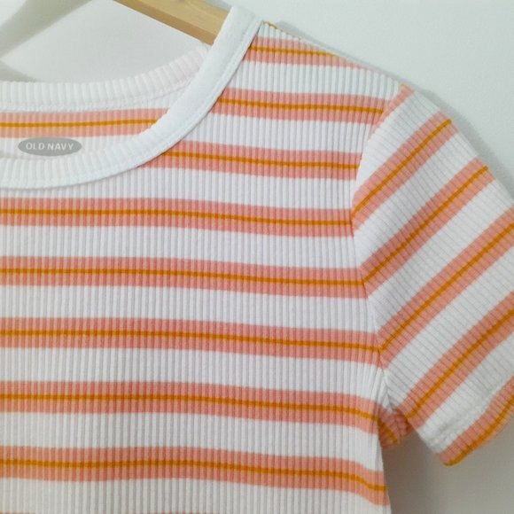 Old Navy Slim Fit Coral White Striped Knit Ringer Crewneck Tee Small - Picture 7 of 8